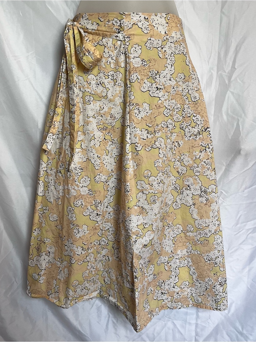 COS Floral Faux Wrap Cotton Midi Skirt Tie Waist Pockets Pastel Yellow US 8